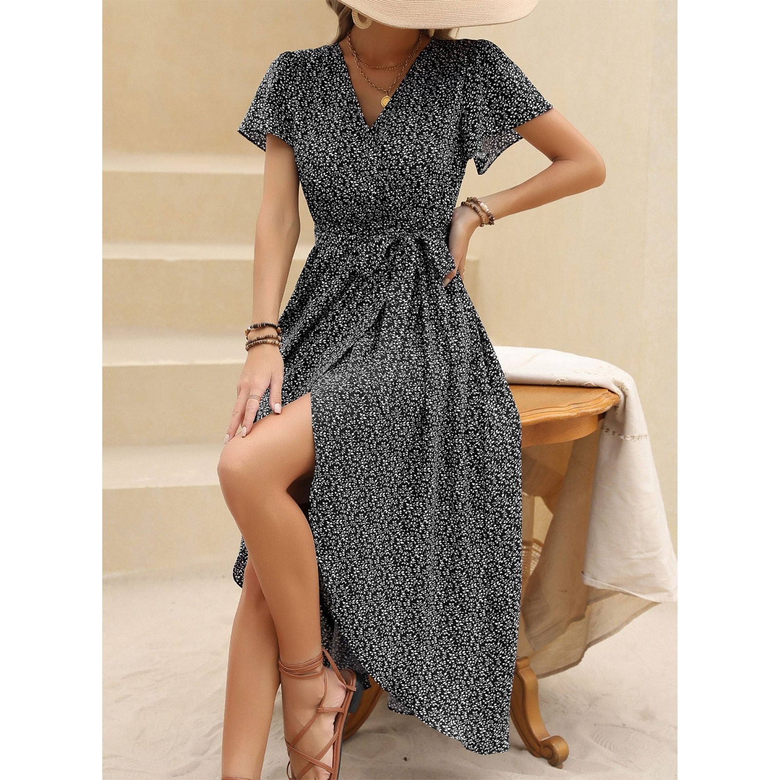 JuliaFashion - Sexy Vintage V-Neck Waist Tie-Up Boho Dress