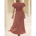 JuliaFashion - Sexy Vintage V-Neck Waist Tie-Up Boho Dress