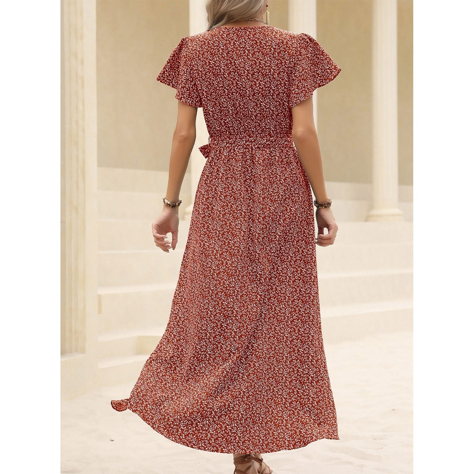 JuliaFashion - Sexy Vintage V-Neck Waist Tie-Up Boho Dress