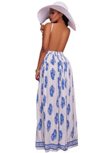 JuliaFashion - White Blue Print Open Back Maxi Dress