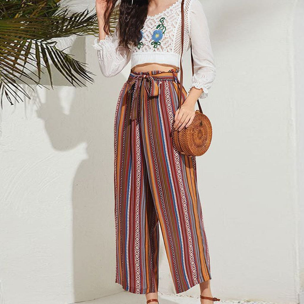 JuliaFashion-Colorful Vertical Striped Beach Vacation Pants