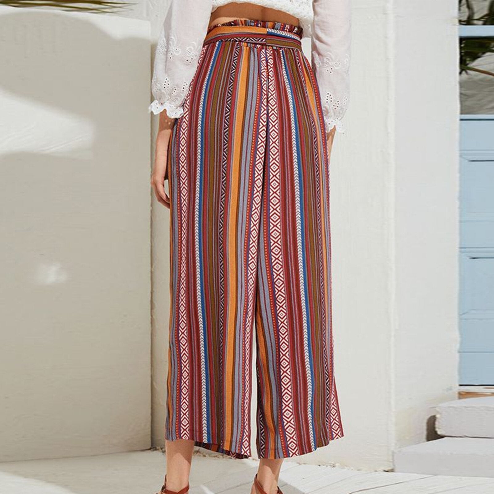 JuliaFashion-Colorful Vertical Striped Beach Vacation Pants
