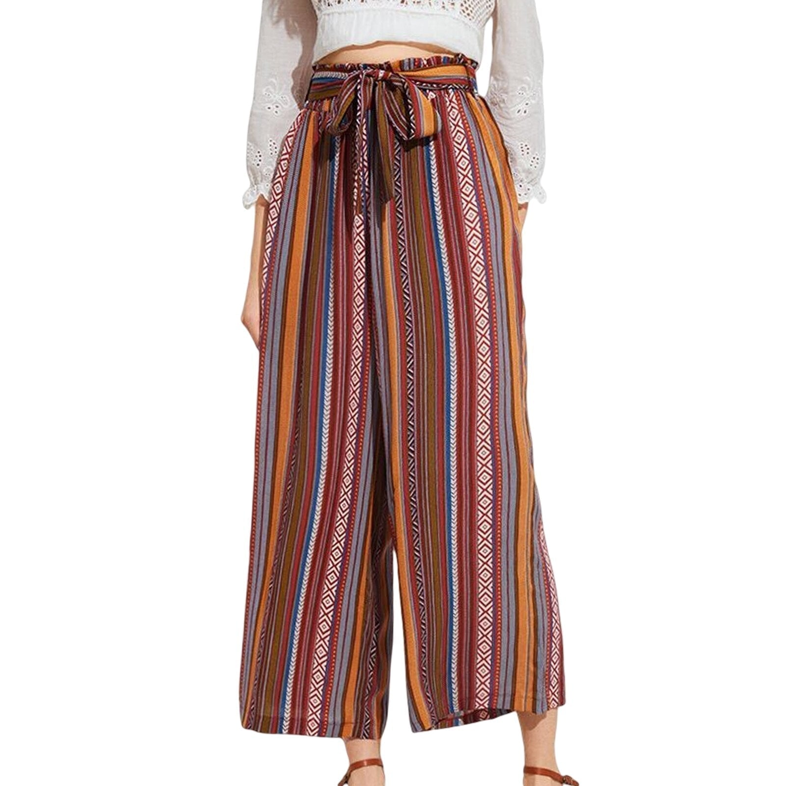 JuliaFashion-Colorful Vertical Striped Beach Vacation Pants