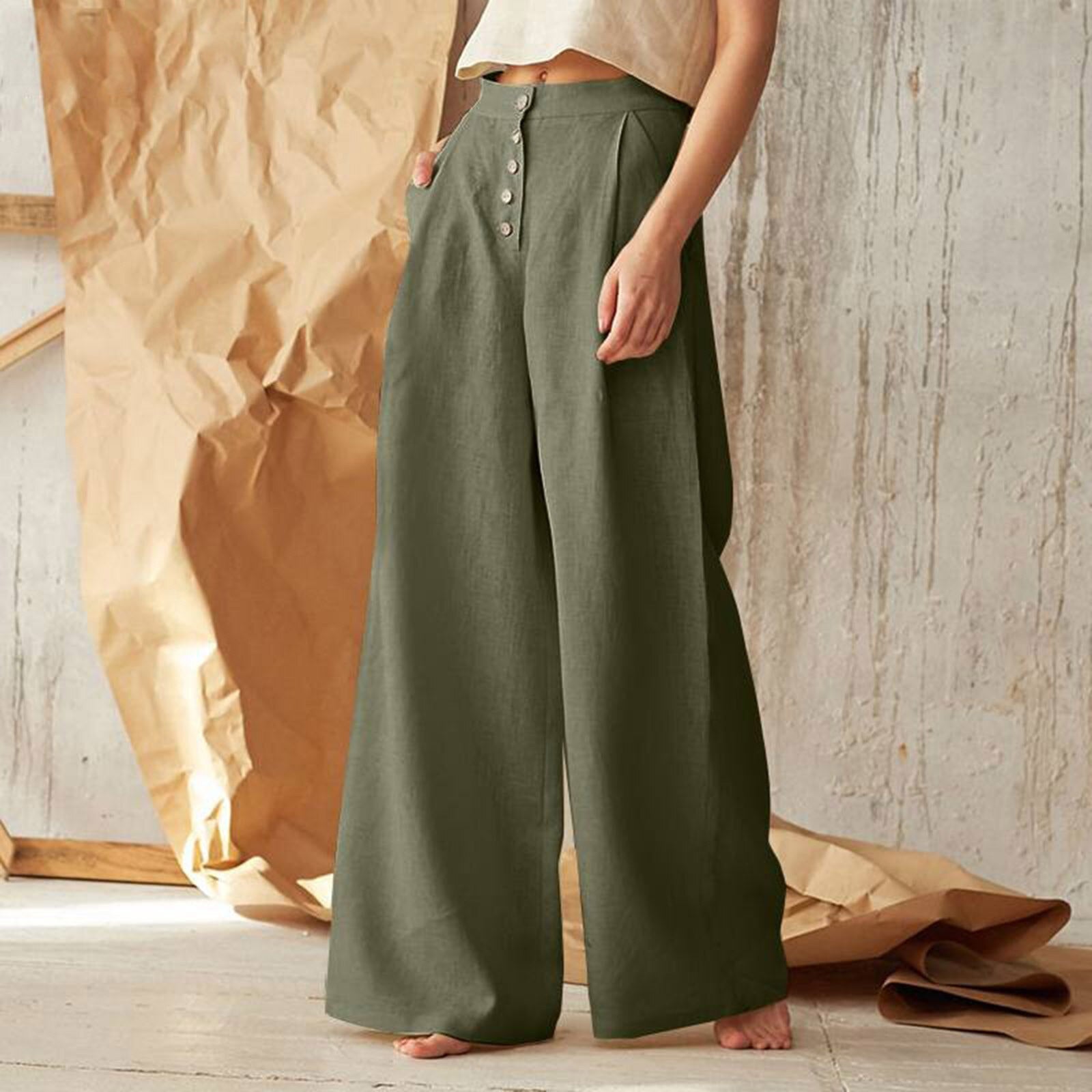 JuliaFashion-Plus Size Cotton Solid Color Button Pants