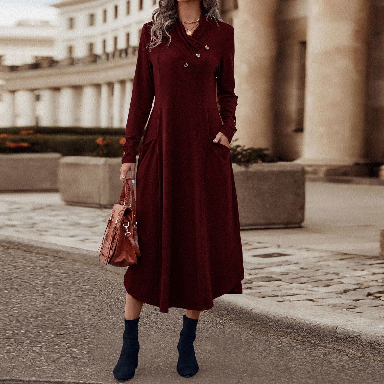 JuliaFashion-Elegant Lapel Slim Solid Pockets Midi Dress