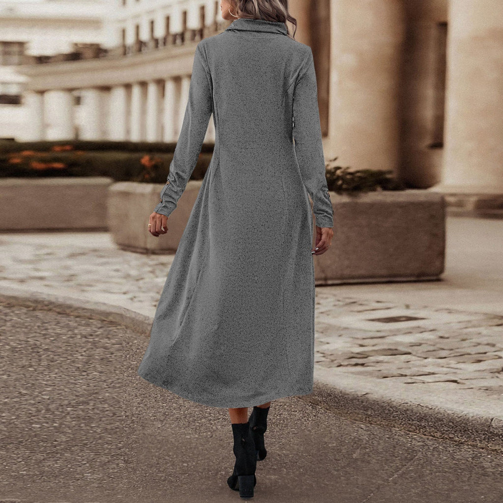 JuliaFashion-Elegant Lapel Slim Solid Pockets Midi Dress