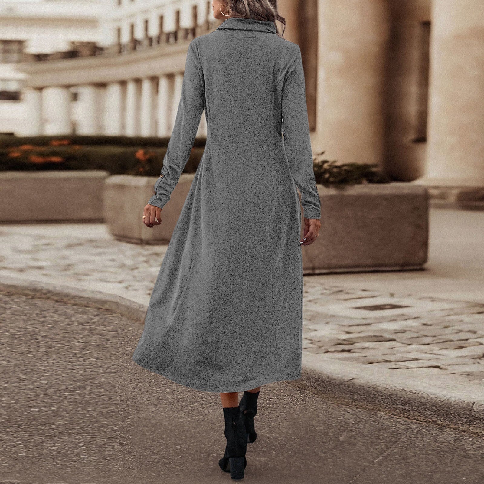 JuliaFashion-Elegant Lapel Slim Solid Pockets Midi Dress