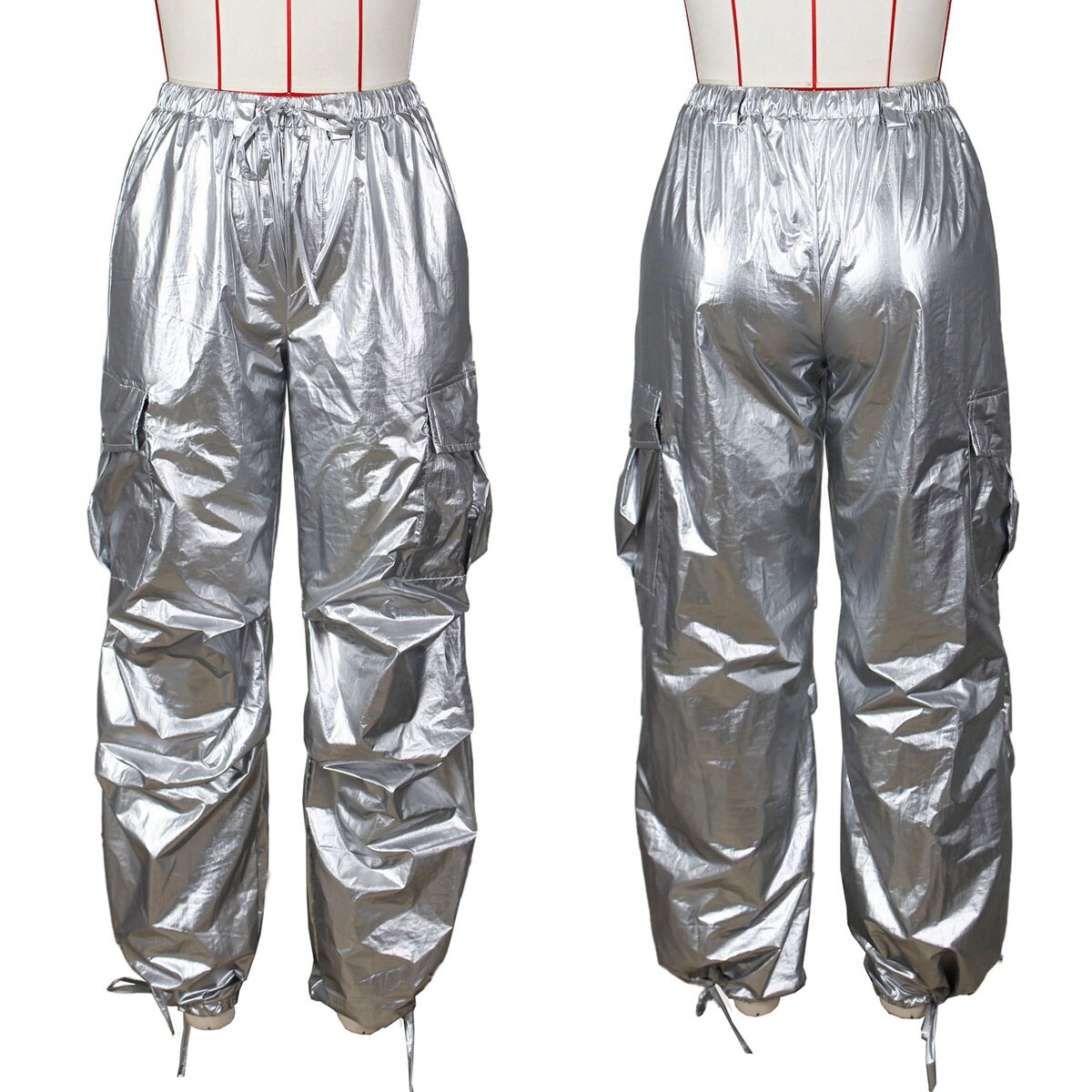 JuliaFashion - Silver Metallic High Waist Cargo Pants