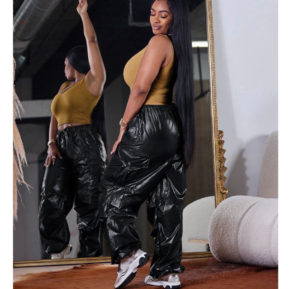 JuliaFashion - Silver Metallic High Waist Cargo Pants