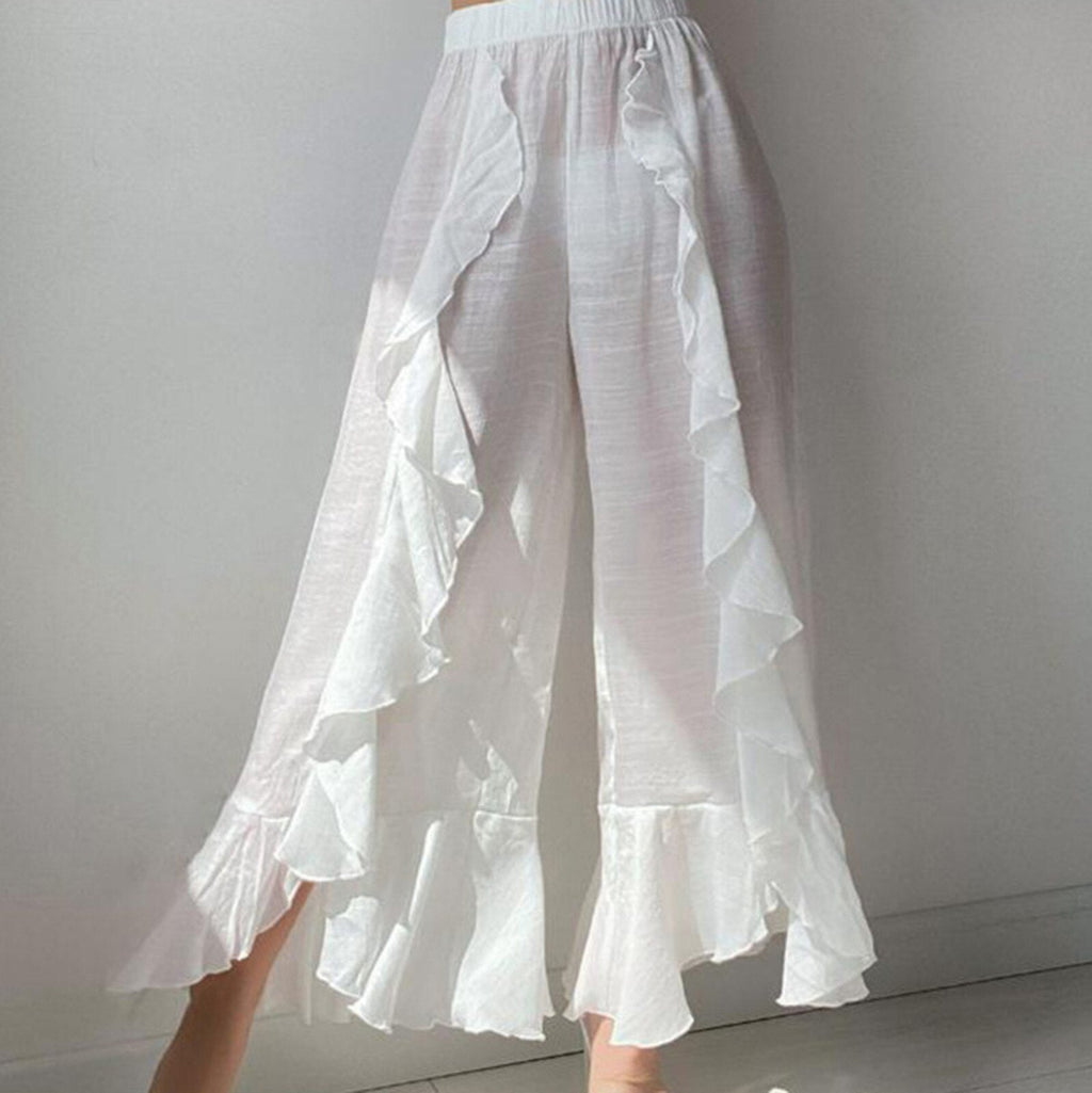 JuliaFashion - Ruffled Cotton Linen Beach Wide Leg Pants
