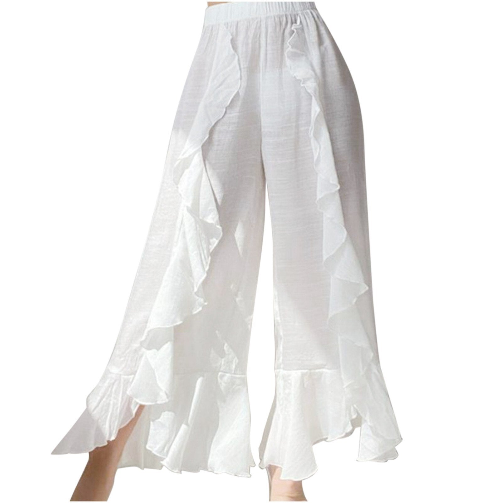 JuliaFashion - Ruffled Cotton Linen Beach Wide Leg Pants