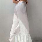 JuliaFashion - Ruffled Cotton Linen Beach Wide Leg Pants