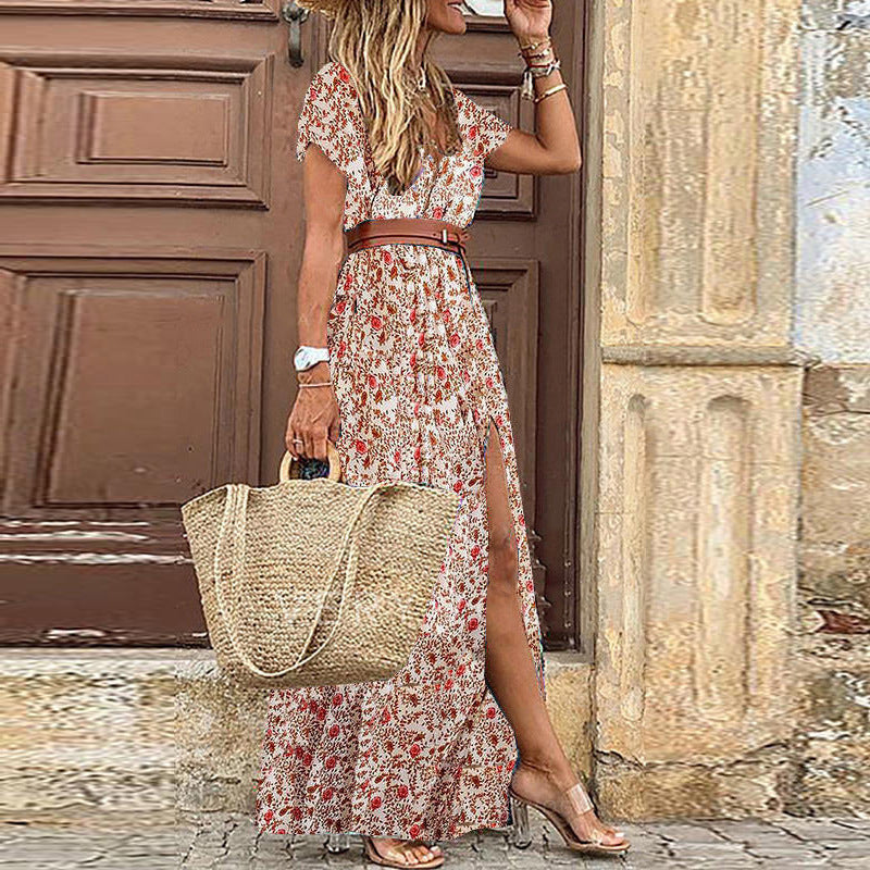 JuliaFashion - 2024 Women Bohemian Floral Print V-Neck Short Sleeve Dress