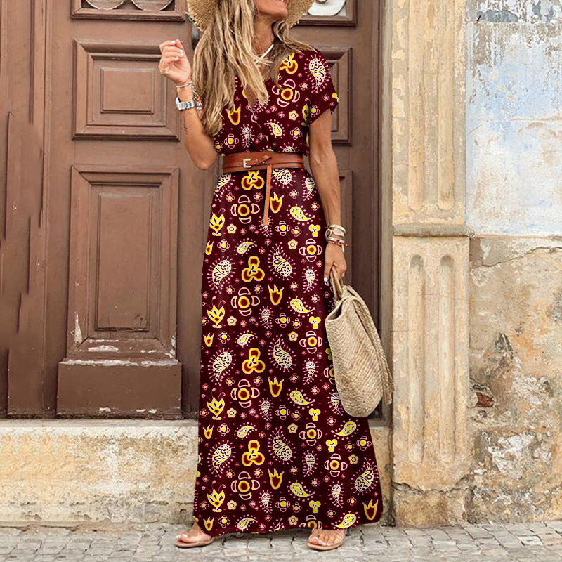 JuliaFashion - 2024 Women Bohemian Floral Print V-Neck Short Sleeve Dress
