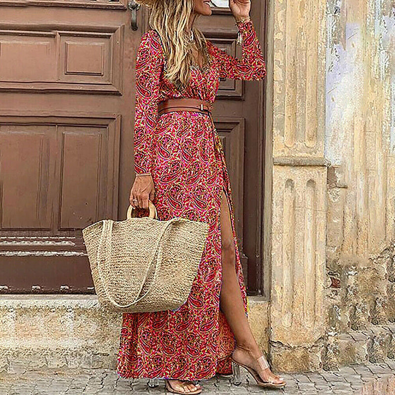 JuliaFashion - 2024 Women Bohemian Floral Print V-Neck Short Sleeve Dress