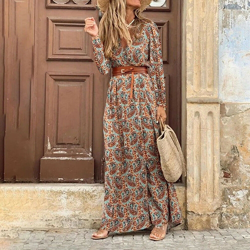 JuliaFashion - 2024 Women Bohemian Floral Print V-Neck Short Sleeve Dress