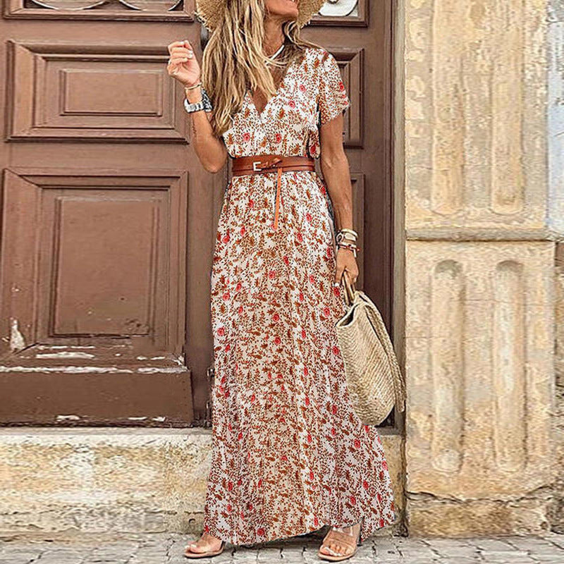 JuliaFashion - 2024 Women Bohemian Floral Print V-Neck Short Sleeve Dress