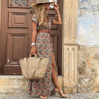 JuliaFashion - 2024 Women Bohemian Floral Print V-Neck Short Sleeve Dress