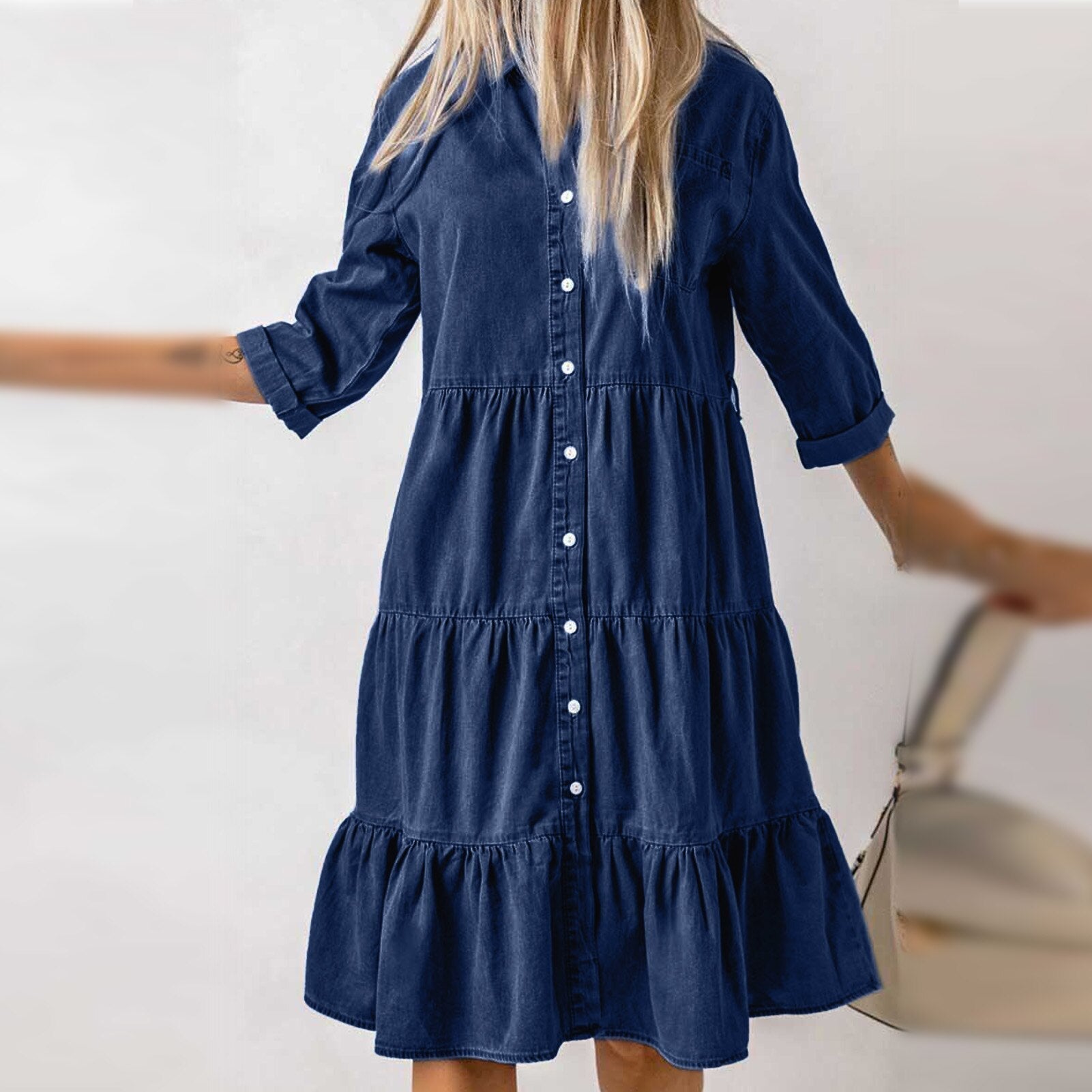 JuliaFashion-Classic Blue Denim Midi Dress