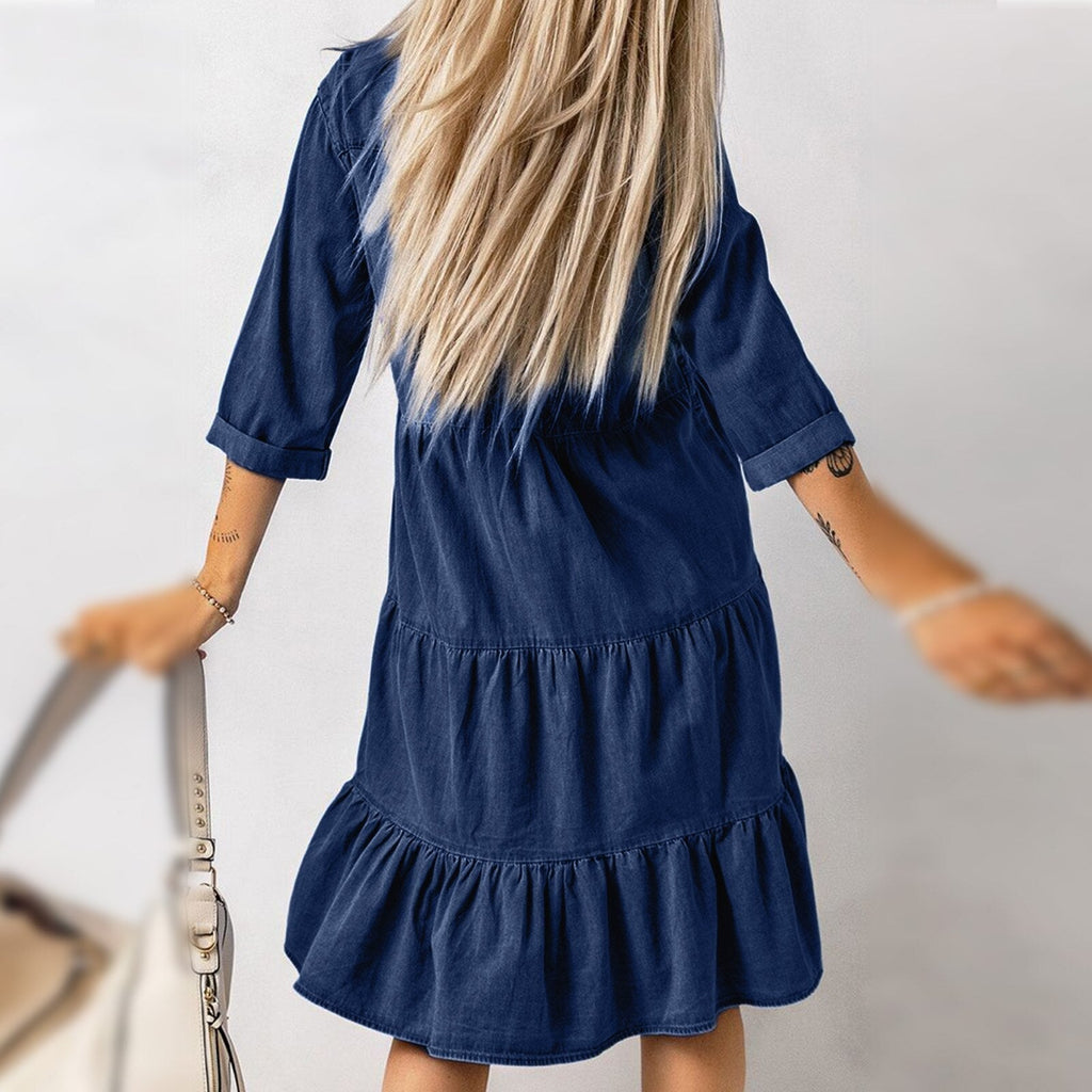 JuliaFashion-Classic Blue Denim Midi Dress