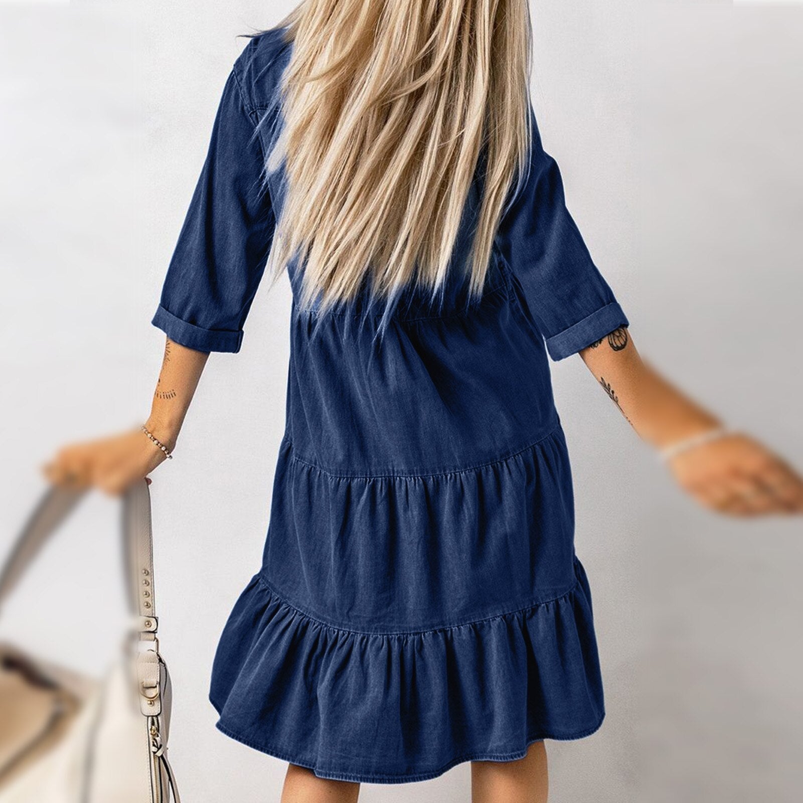 JuliaFashion-Classic Blue Denim Midi Dress