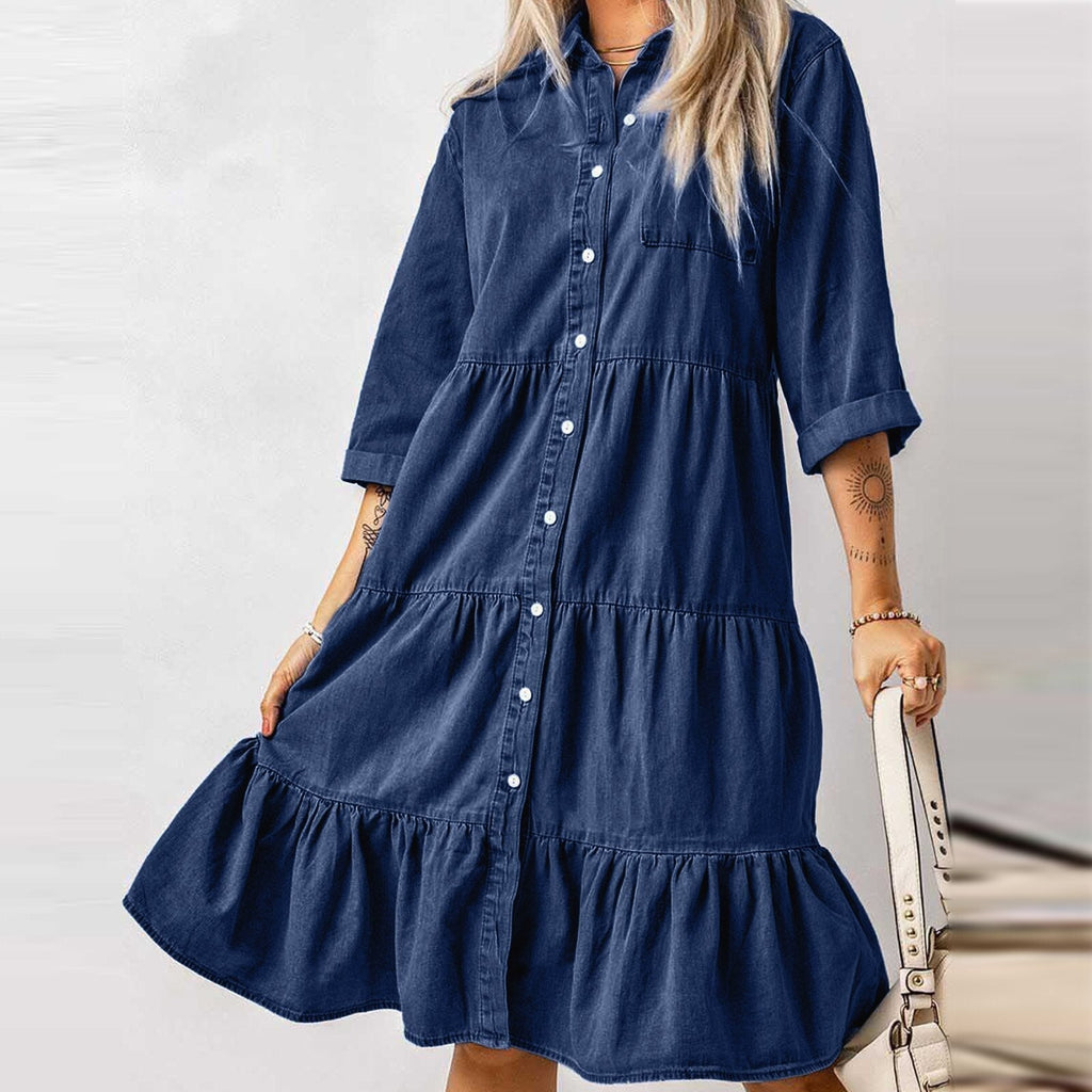 JuliaFashion-Classic Blue Denim Midi Dress