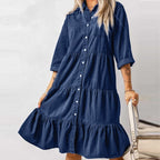 JuliaFashion-Classic Blue Denim Midi Dress