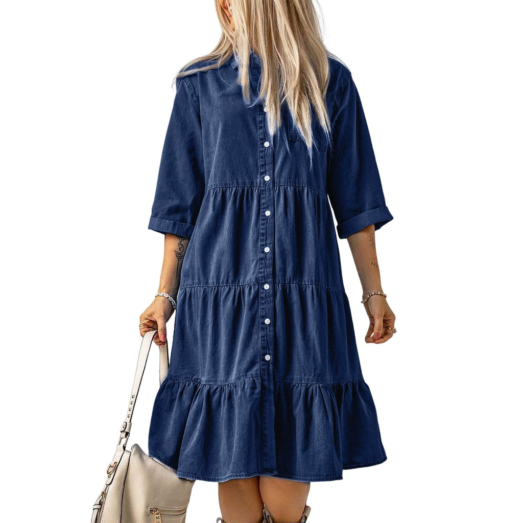 JuliaFashion-Classic Blue Denim Midi Dress