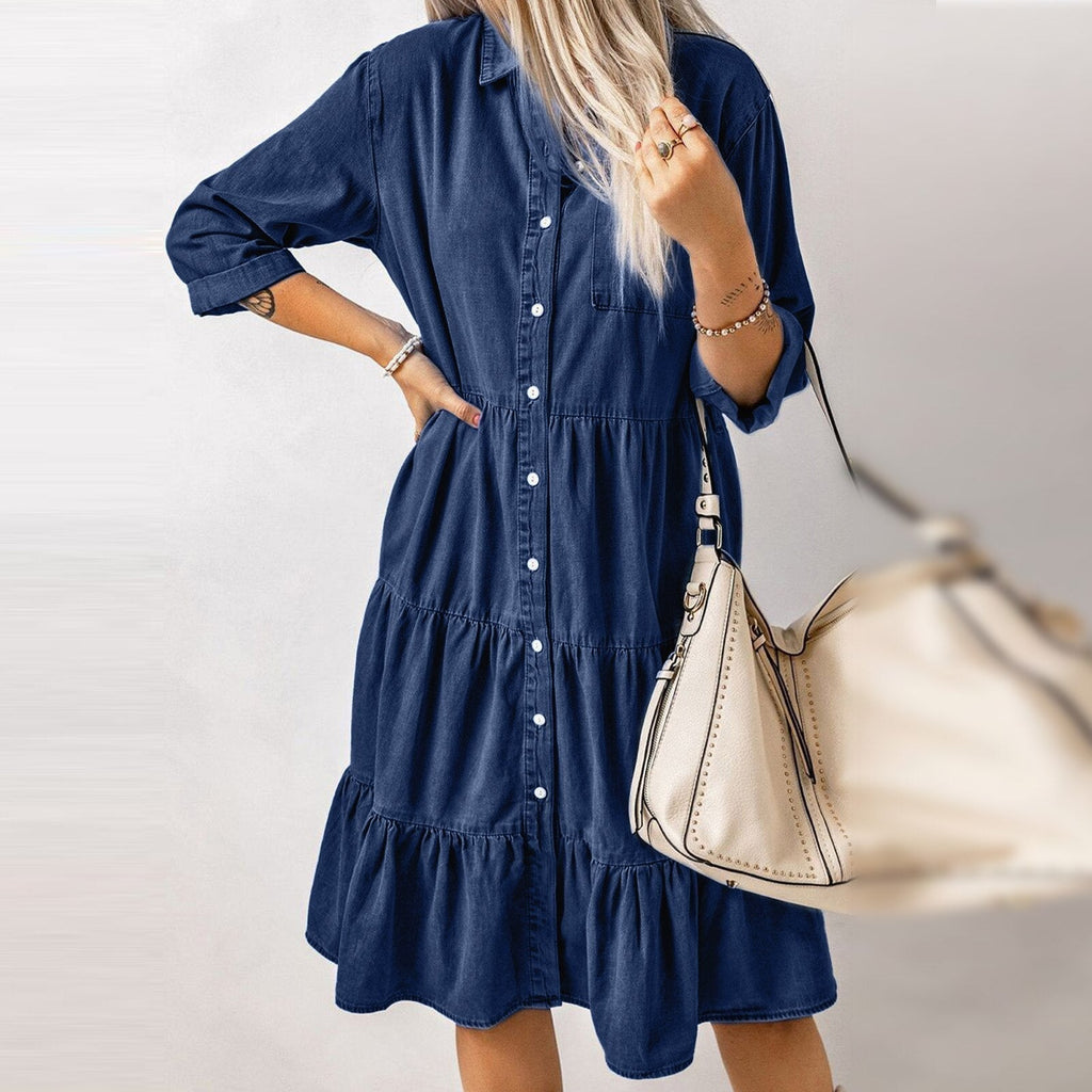 JuliaFashion-Classic Blue Denim Midi Dress