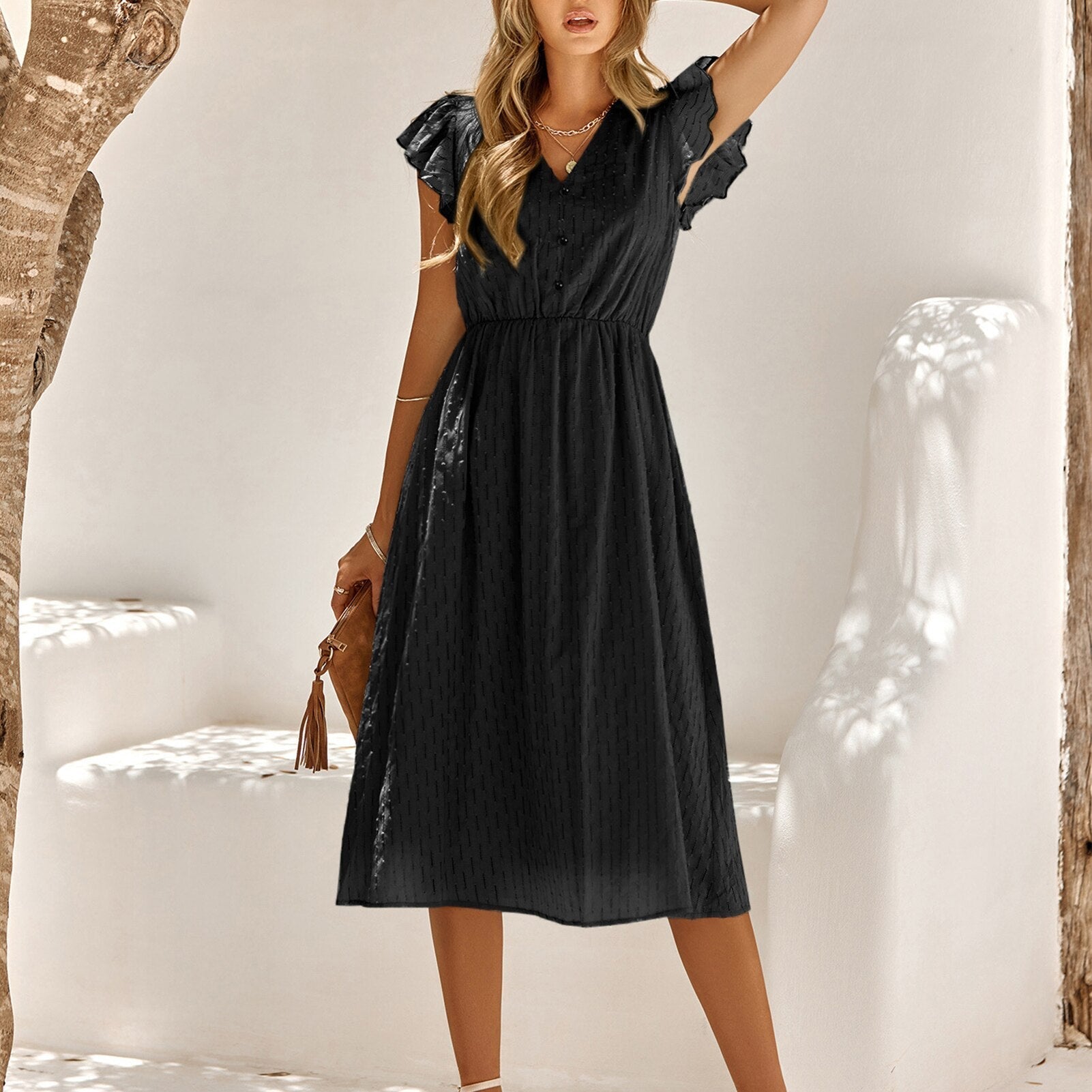 JuliaFashion-Elegant Ruffle Sleeve V-Neck Solid Color Midi Dress