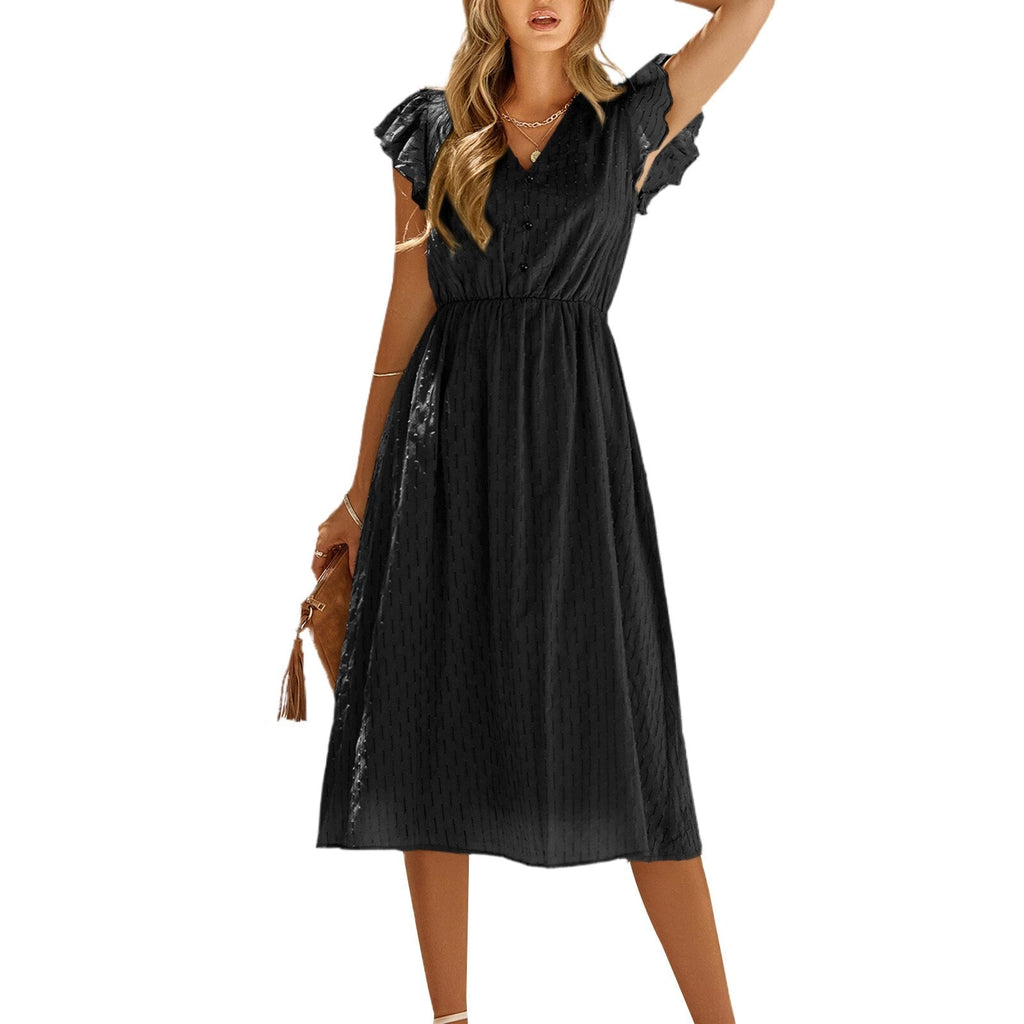 JuliaFashion-Elegant Ruffle Sleeve V-Neck Solid Color Midi Dress