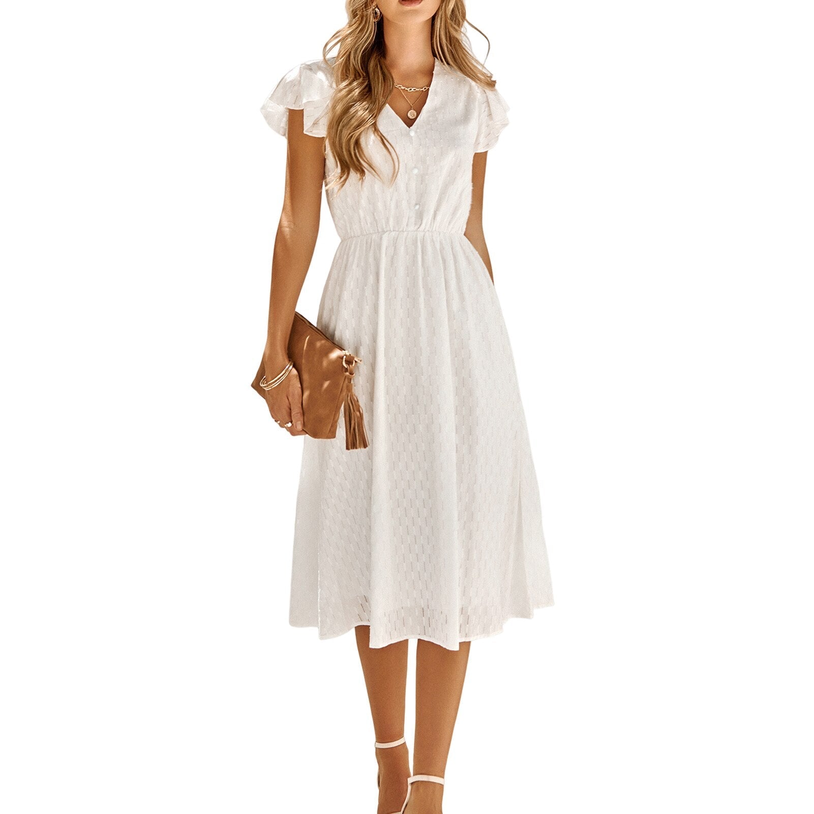 JuliaFashion-Elegant Ruffle Sleeve V-Neck Solid Color Midi Dress