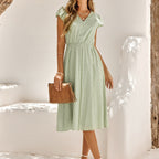 JuliaFashion-Elegant Ruffle Sleeve V-Neck Solid Color Midi Dress