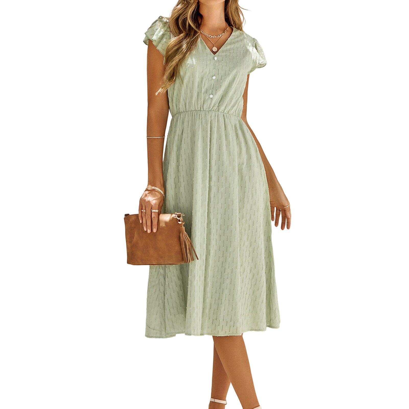 JuliaFashion-Elegant Ruffle Sleeve V-Neck Solid Color Midi Dress