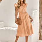 JuliaFashion-Elegant Ruffle Sleeve V-Neck Solid Color Midi Dress