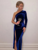 Julia Fashion - Women Elegant Long Sleeve Party Evening Velvet Split Mini Dress