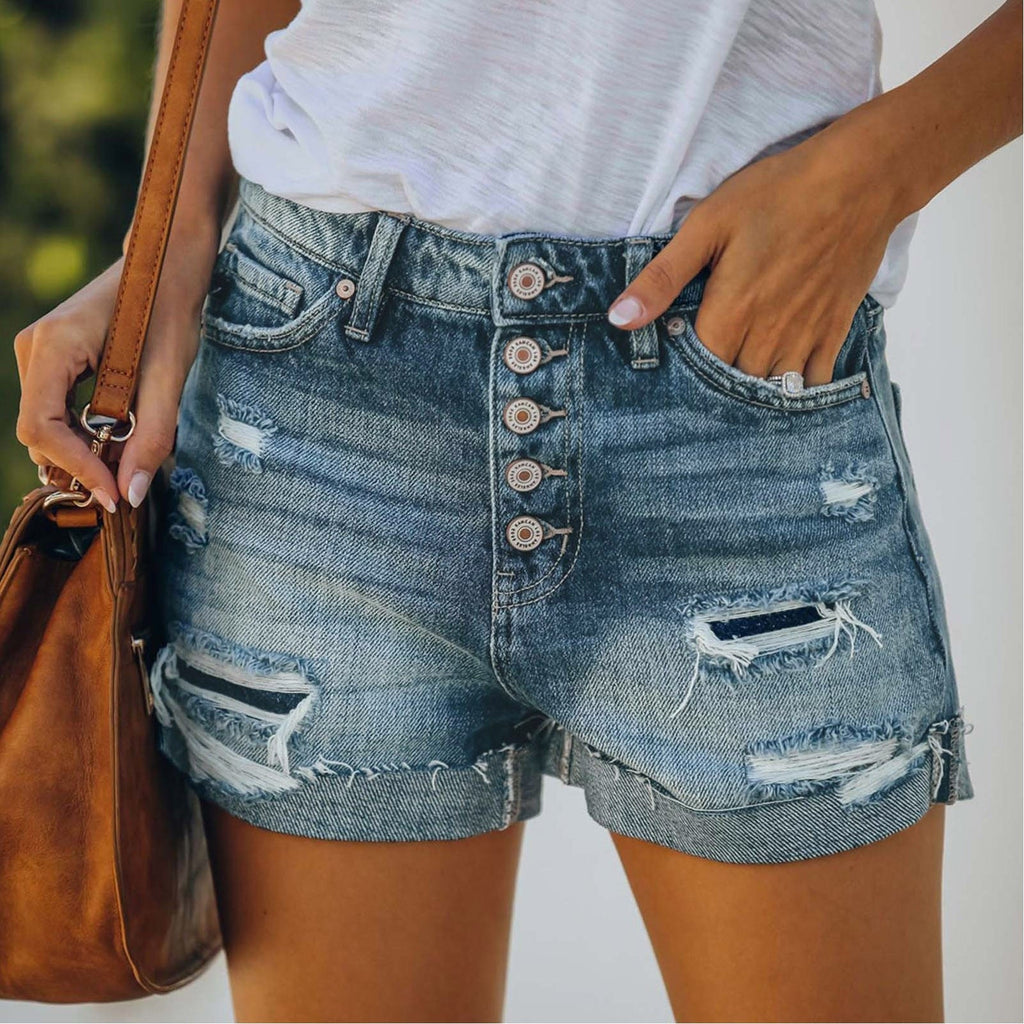 JuliaFashion-High Waisted Skinny Hole Denim Button Short