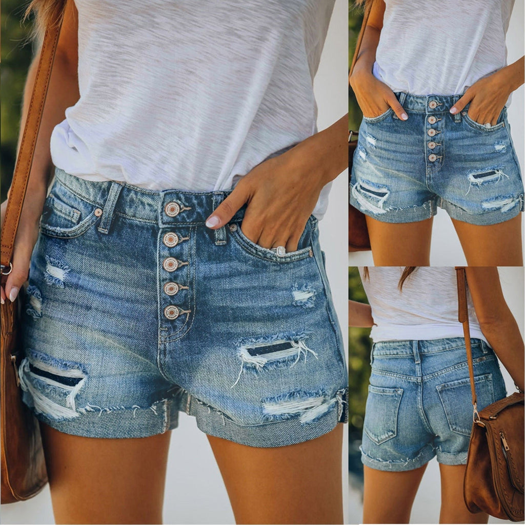JuliaFashion-High Waisted Skinny Hole Denim Button Short
