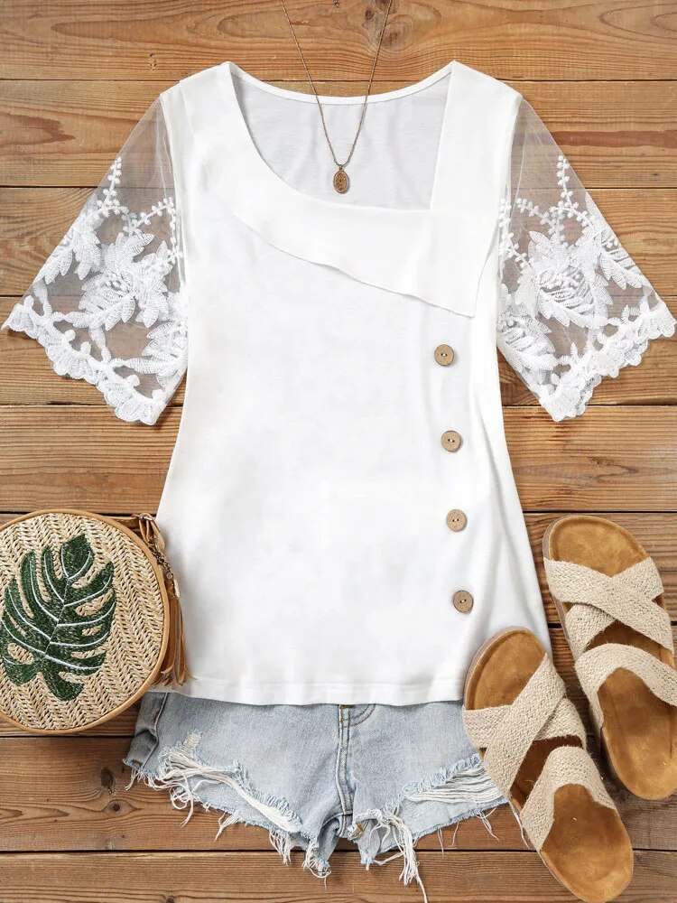 JuliaFashion-Elegant Lace Asymmetrical Neck Blouses