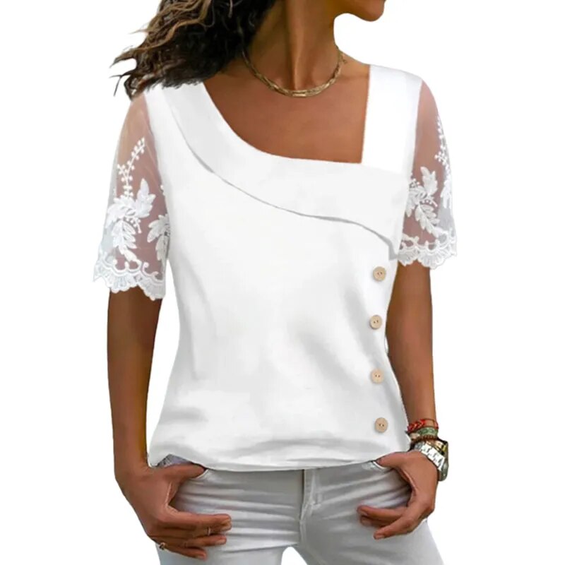 JuliaFashion-Elegant Lace Asymmetrical Neck Blouses