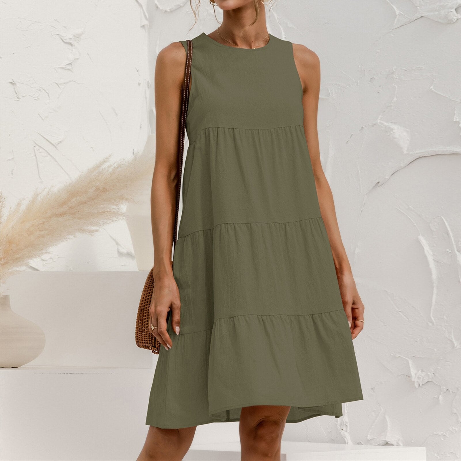 JuliaFashion - Sleeveless Crew Neck A-Line Midi Dress