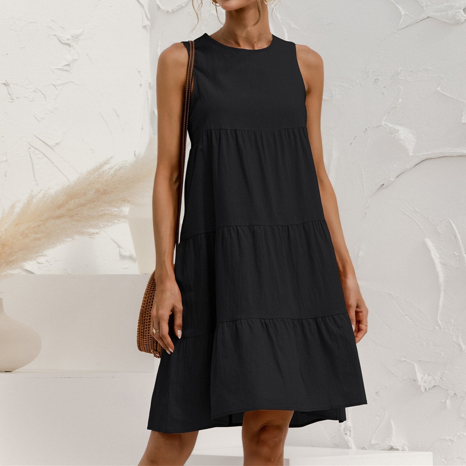 JuliaFashion - Sleeveless Crew Neck A-Line Midi Dress