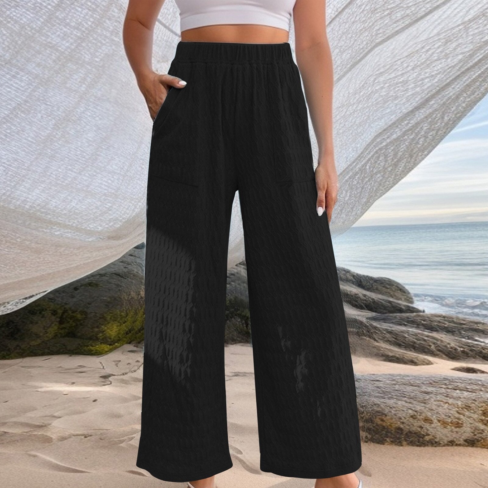 JuliaFashion-Casual Elastic Waistband Solid Color Pants