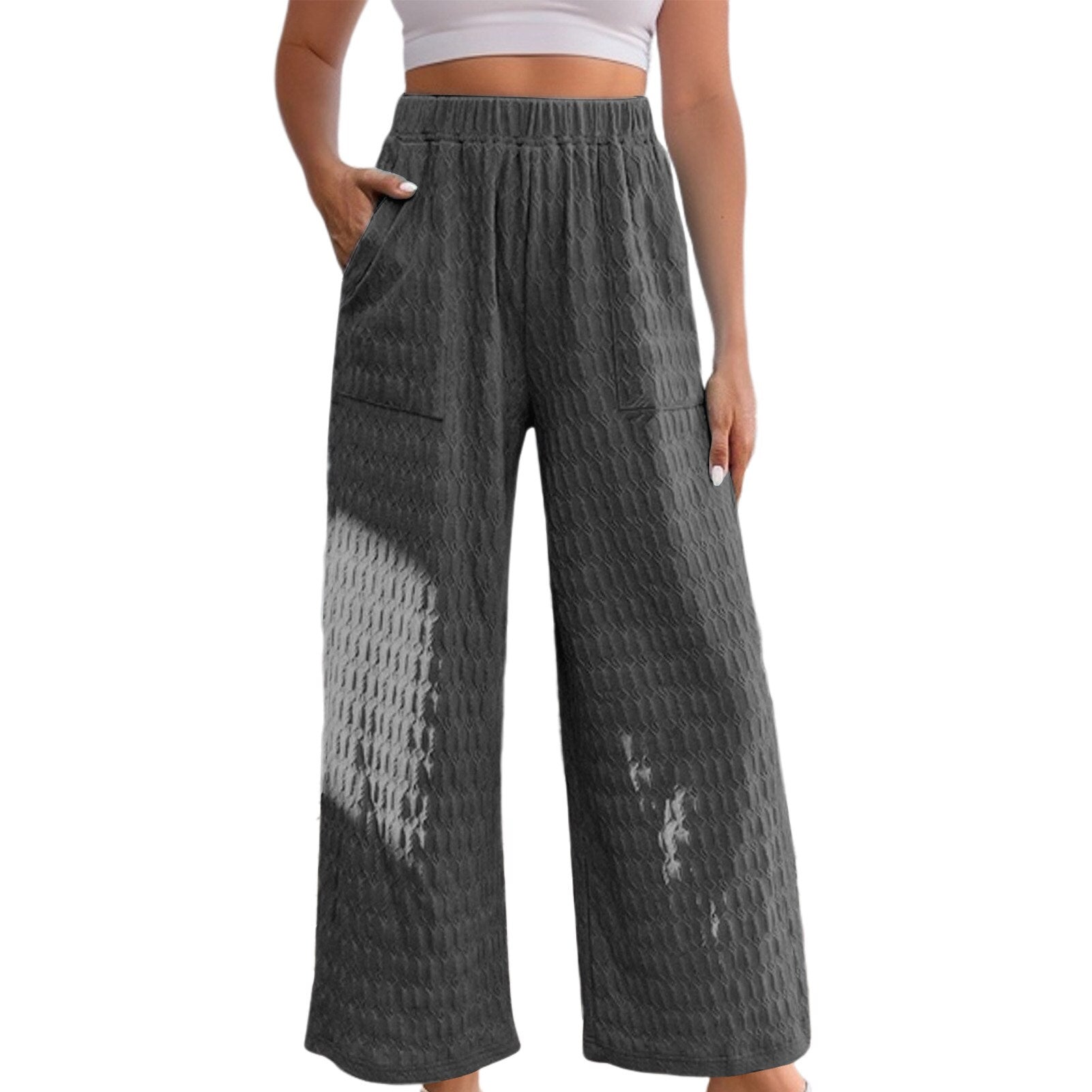 JuliaFashion-Casual Elastic Waistband Solid Color Pants