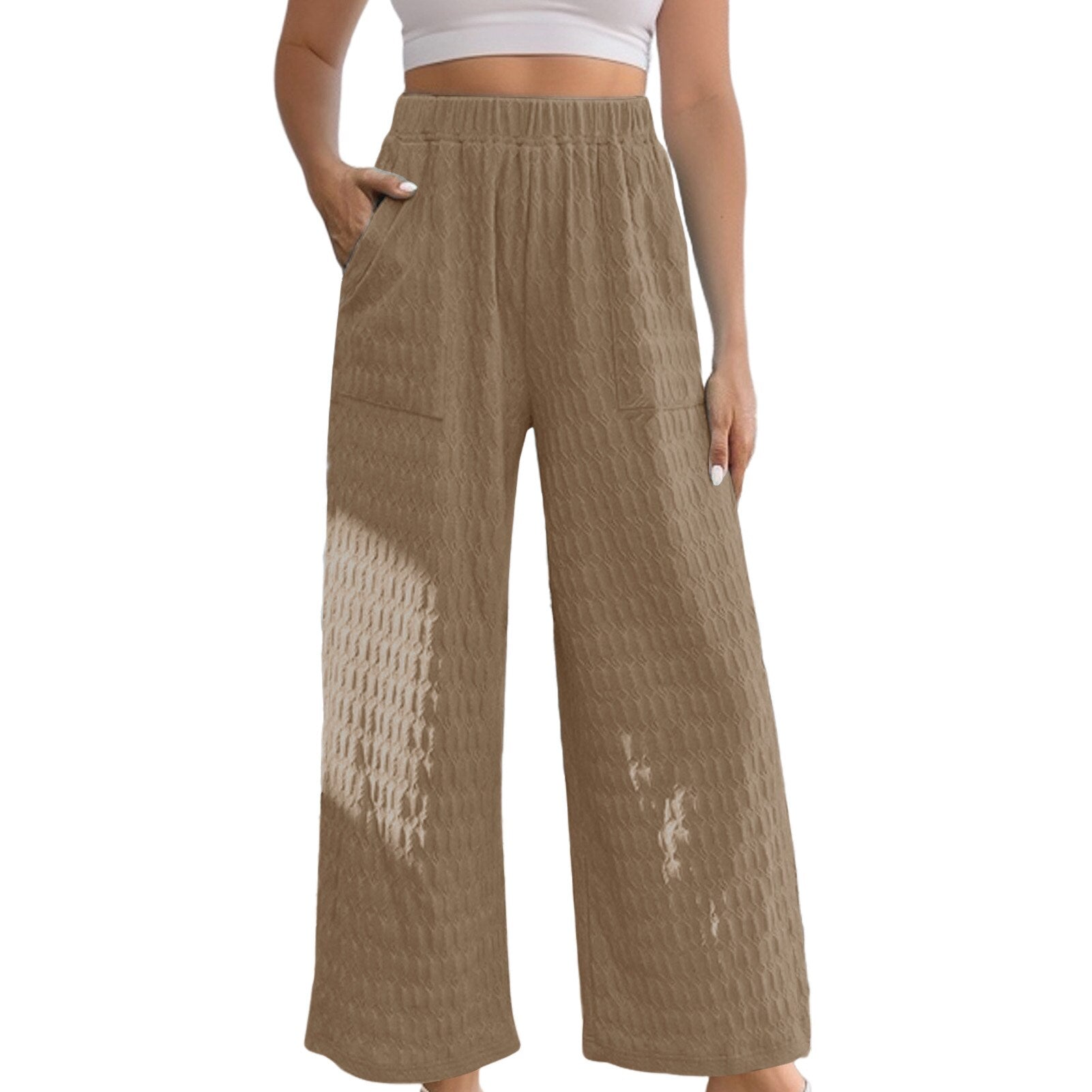 JuliaFashion-Casual Elastic Waistband Solid Color Pants