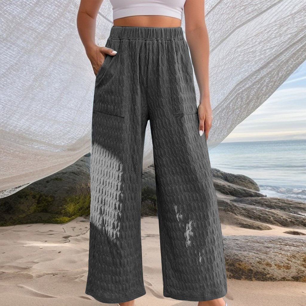 JuliaFashion-Casual Elastic Waistband Solid Color Pants