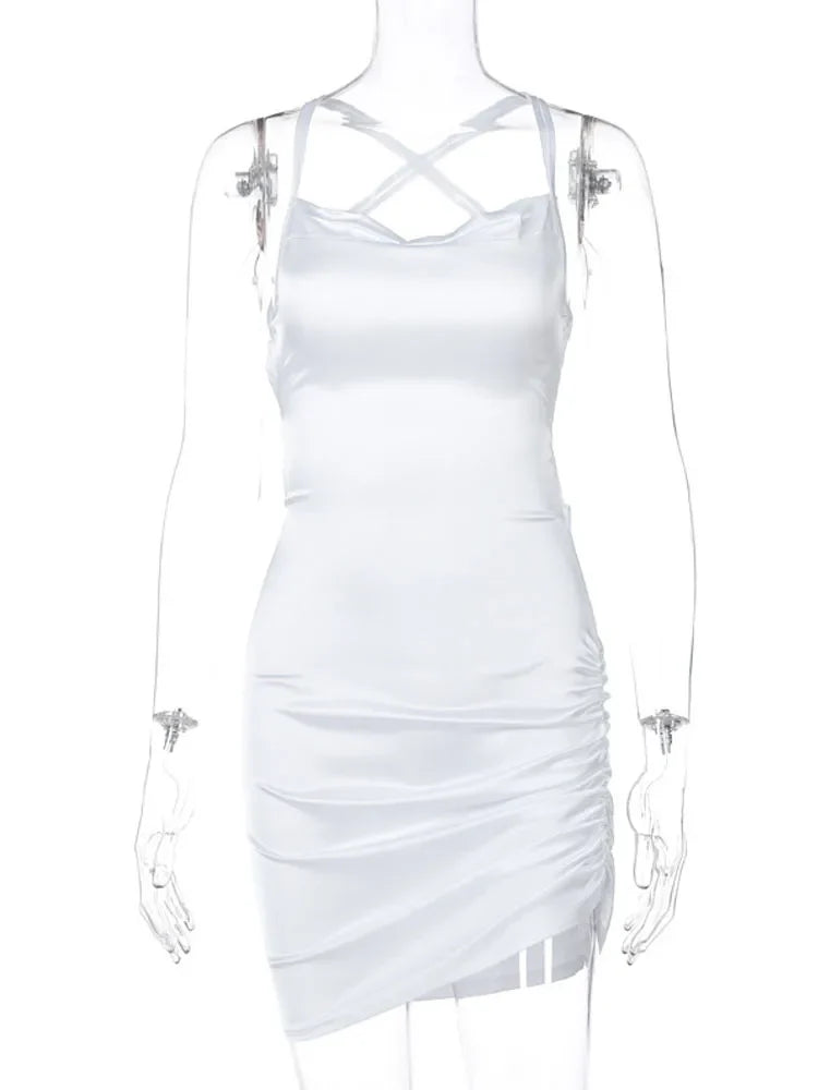 Julia Fashion - Women Strap Ruched Lace Up Mini Dress