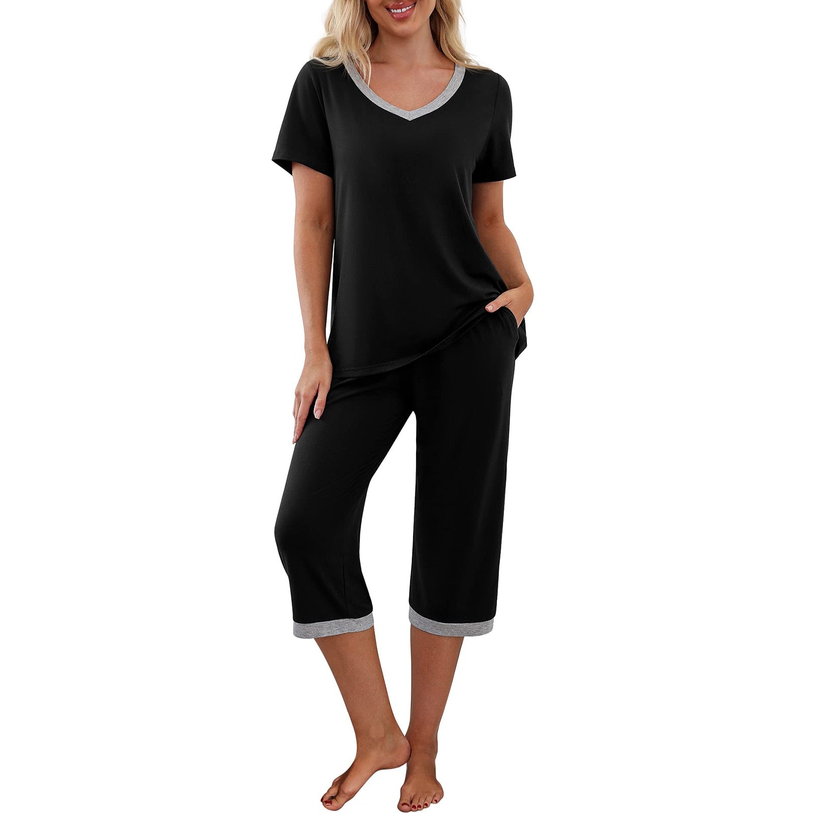 JuliaFashion - 2024 Short Sleeve V Neck T-shirt + Capri Pants Pajama Set