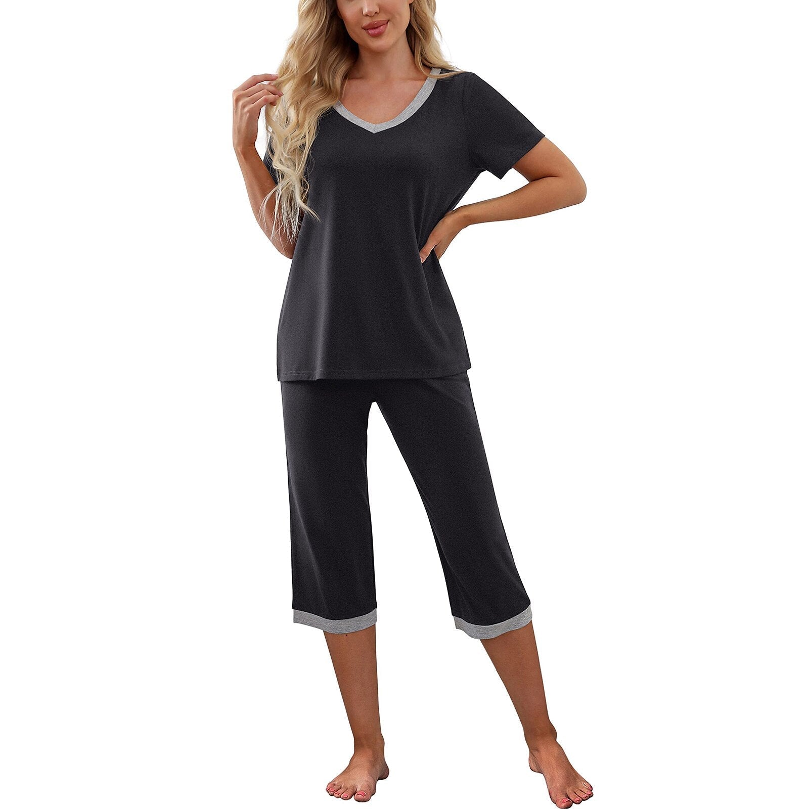 JuliaFashion - 2024 Short Sleeve V Neck T-shirt + Capri Pants Pajama Set