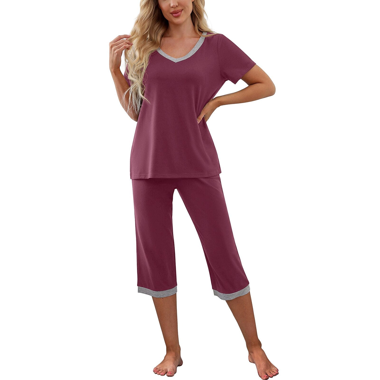 JuliaFashion - 2024 Short Sleeve V Neck T-shirt + Capri Pants Pajama Set